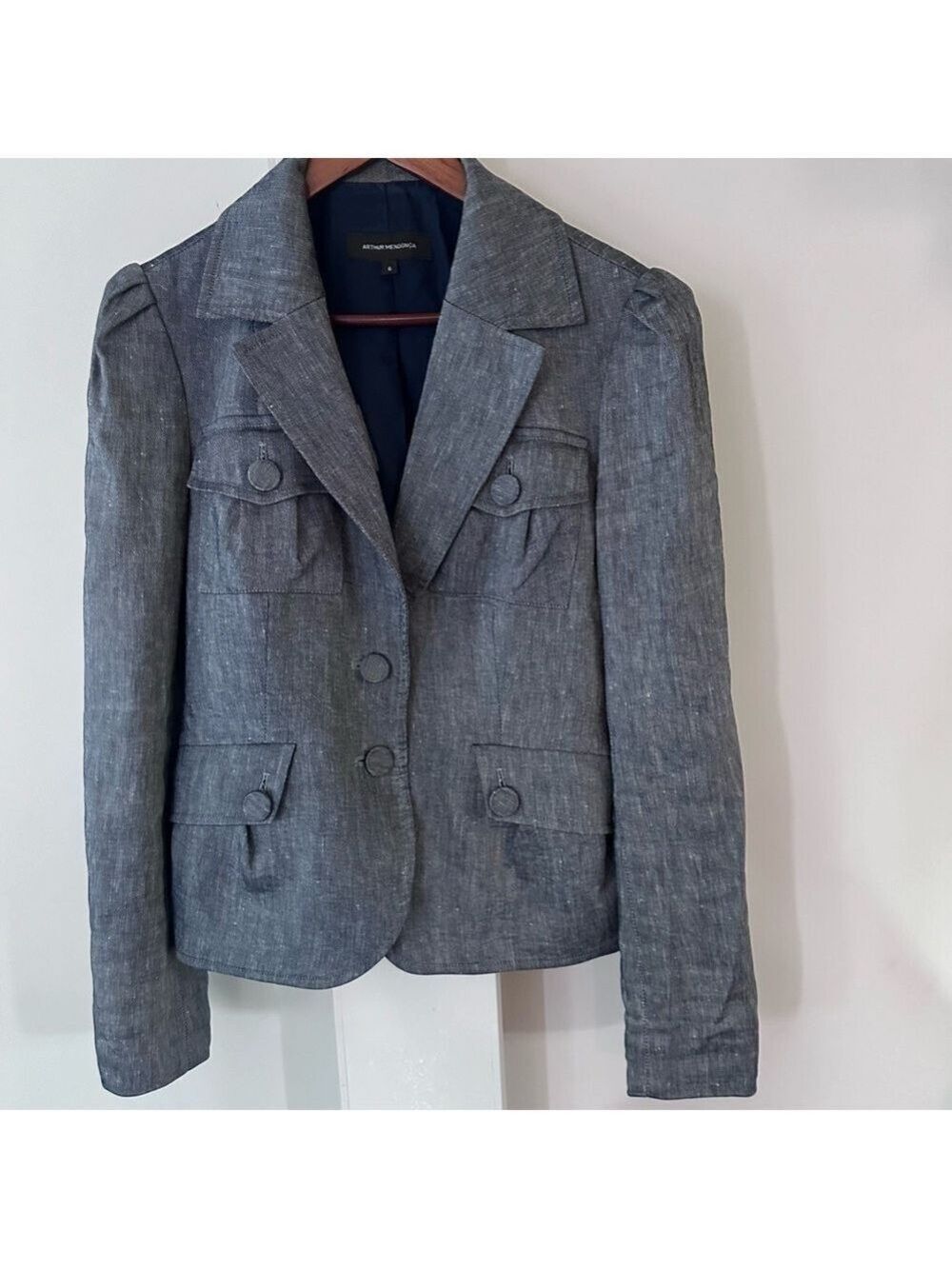 ARTHUR MENDONCA  LINEN MIX BLAZER, LINED, PUFF SLEEVES FRONT PATCH POCKETS SZ 6